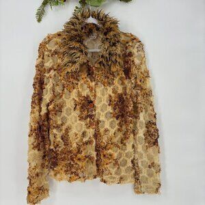 Vintage F.L. Malik‎ Button Up Top Womens Size XL Honey Comb Shag Collar USA RARE